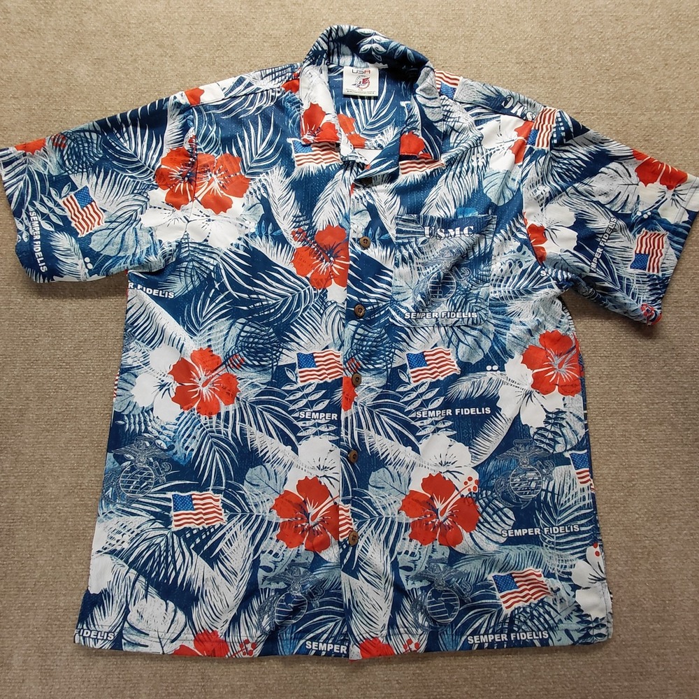 USMC Hawaiian Shirt Mens LARGE Made In USA Semper Fidelis Marine Corps Aloha